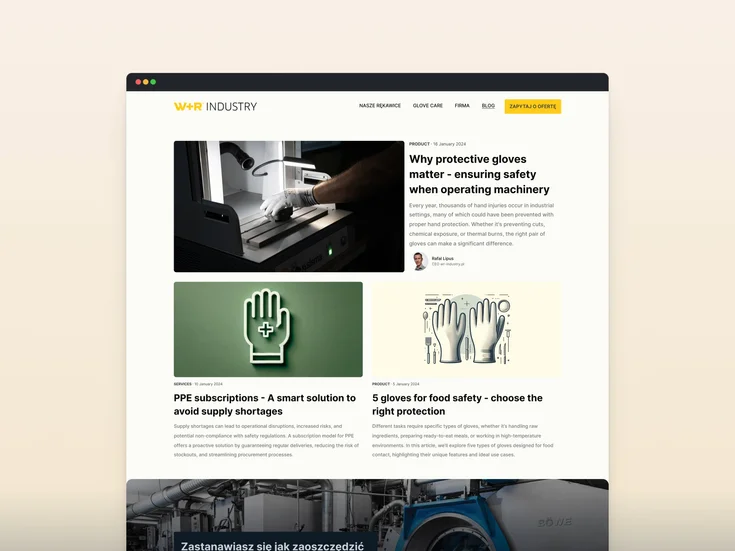 A modern blog layout showcasing three articles related to protective gloves.