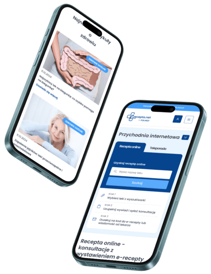 Two smartphone screens displaying a Polish online healthcare app with health articles and options for e-prescriptions.