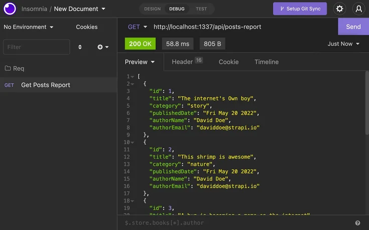 Insomnia interface displaying a GET request to Strapi’s API endpoint for a 